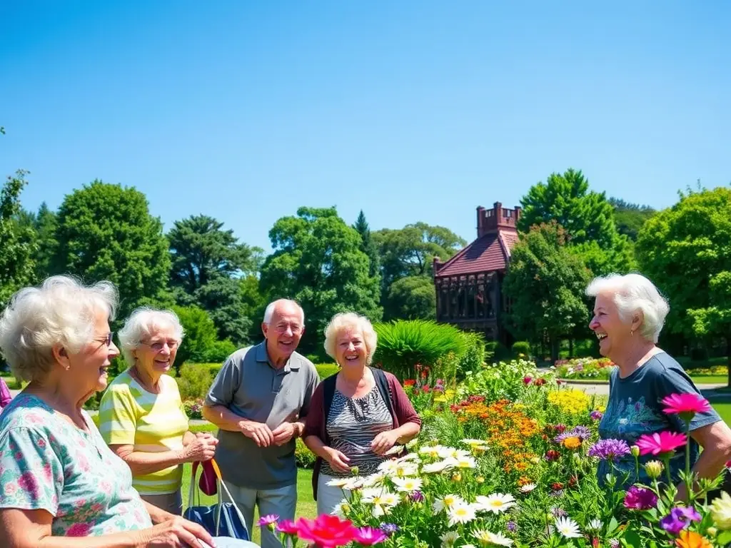A group of seniors laughing and chatting while participating in a walking group in a scenic outdoor location.