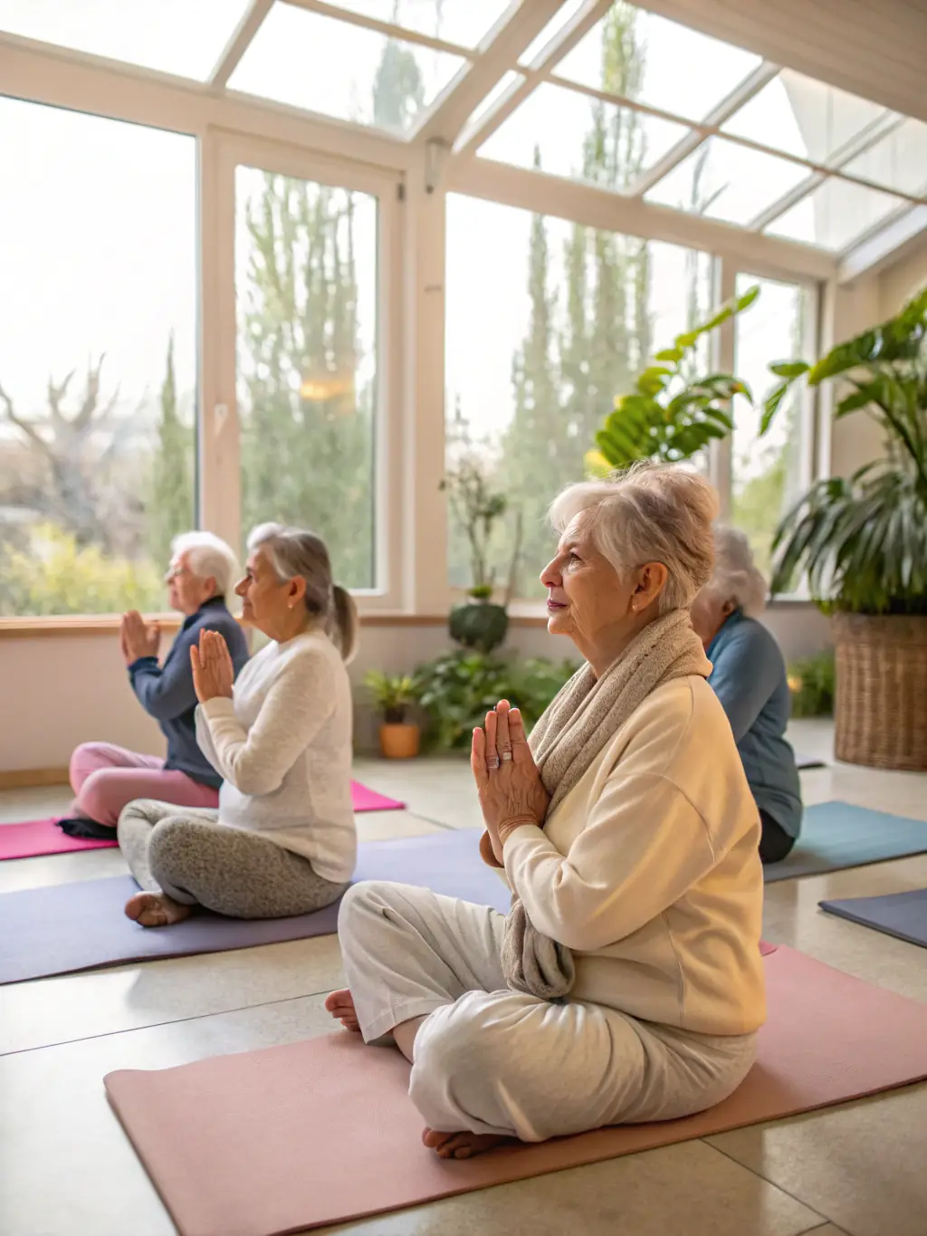 Seniors participating in a gentle yoga class indoors, focusing on breathing and stretching.