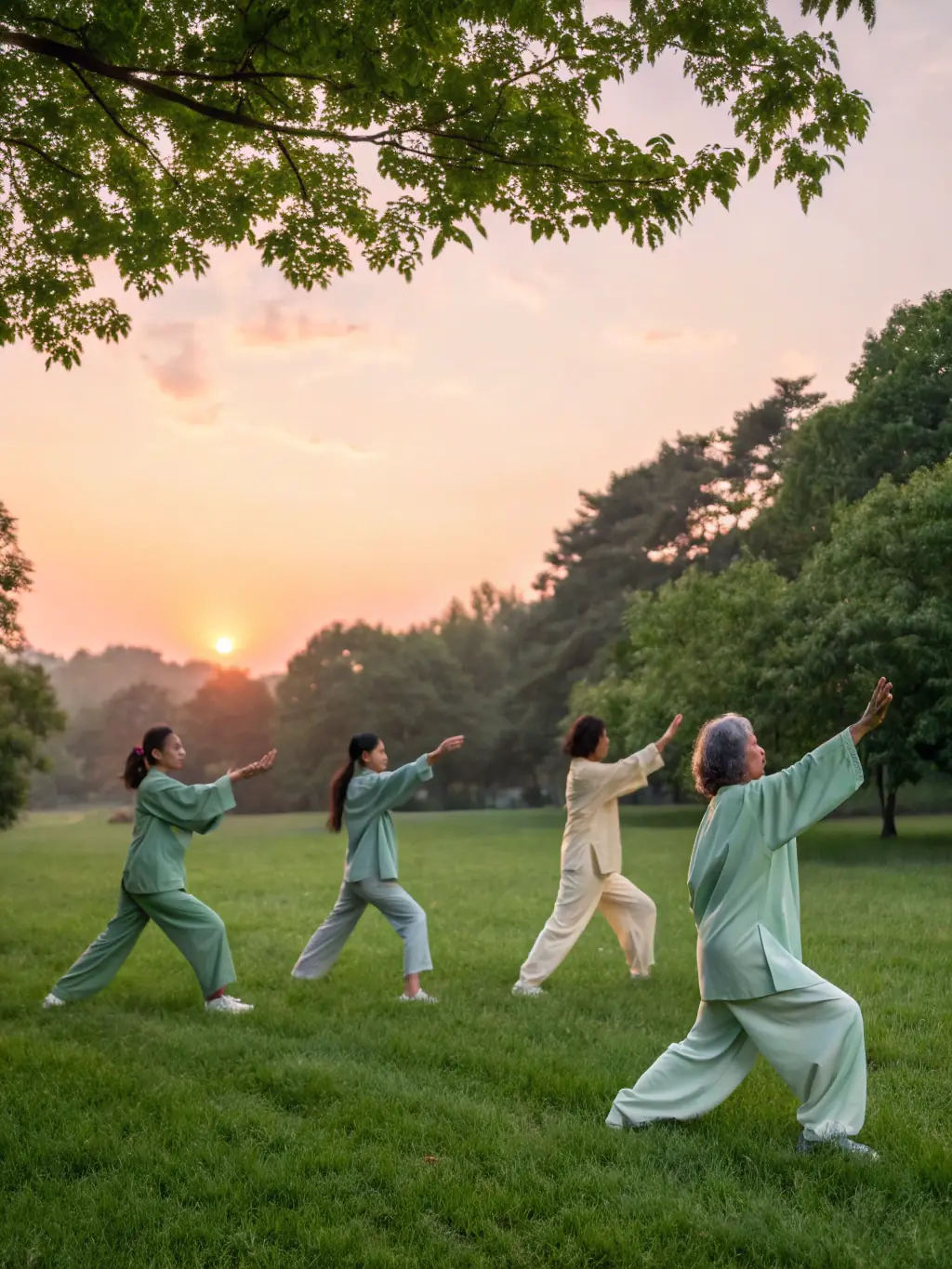 A group of older adults practicing Tai Chi in a serene outdoor setting, moving gracefully.