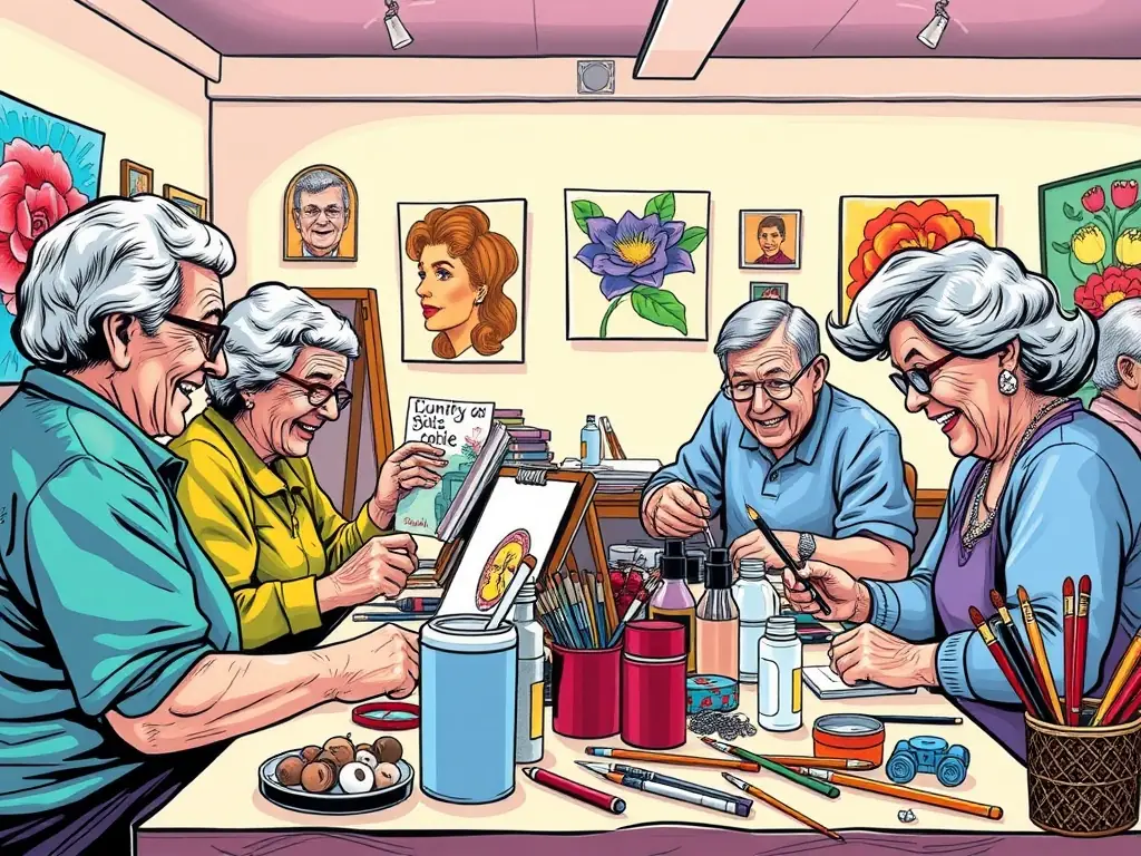 A diverse group of seniors participating in a creative arts workshop, showcasing their artwork and enjoying a sense of accomplishment.