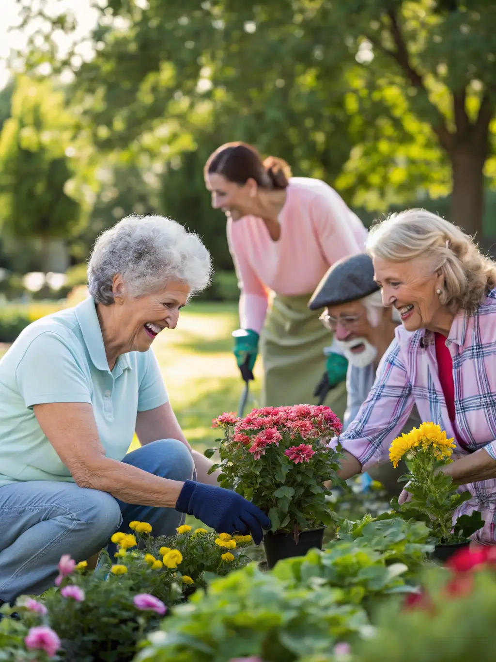 A group of seniors participating in a walking group in a park, enjoying the fresh air and each other's company.