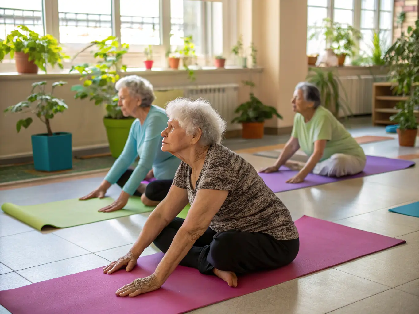 Seniors participating in a tai chi class in a community center, focusing on slow, deliberate movements and deep breathing exercises, promoting balance and coordination.