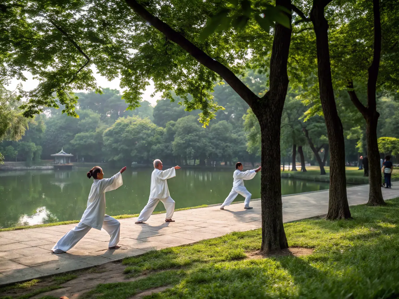 A group of smiling seniors participating in a tai chi class in a park, with a focus on gentle movements and serene atmosphere.