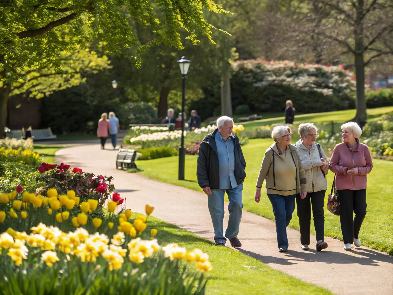 A group of seniors enjoying a brisk walk in a scenic natural setting, such as a park or along a coastline, emphasizing the social and physical benefits of walking.