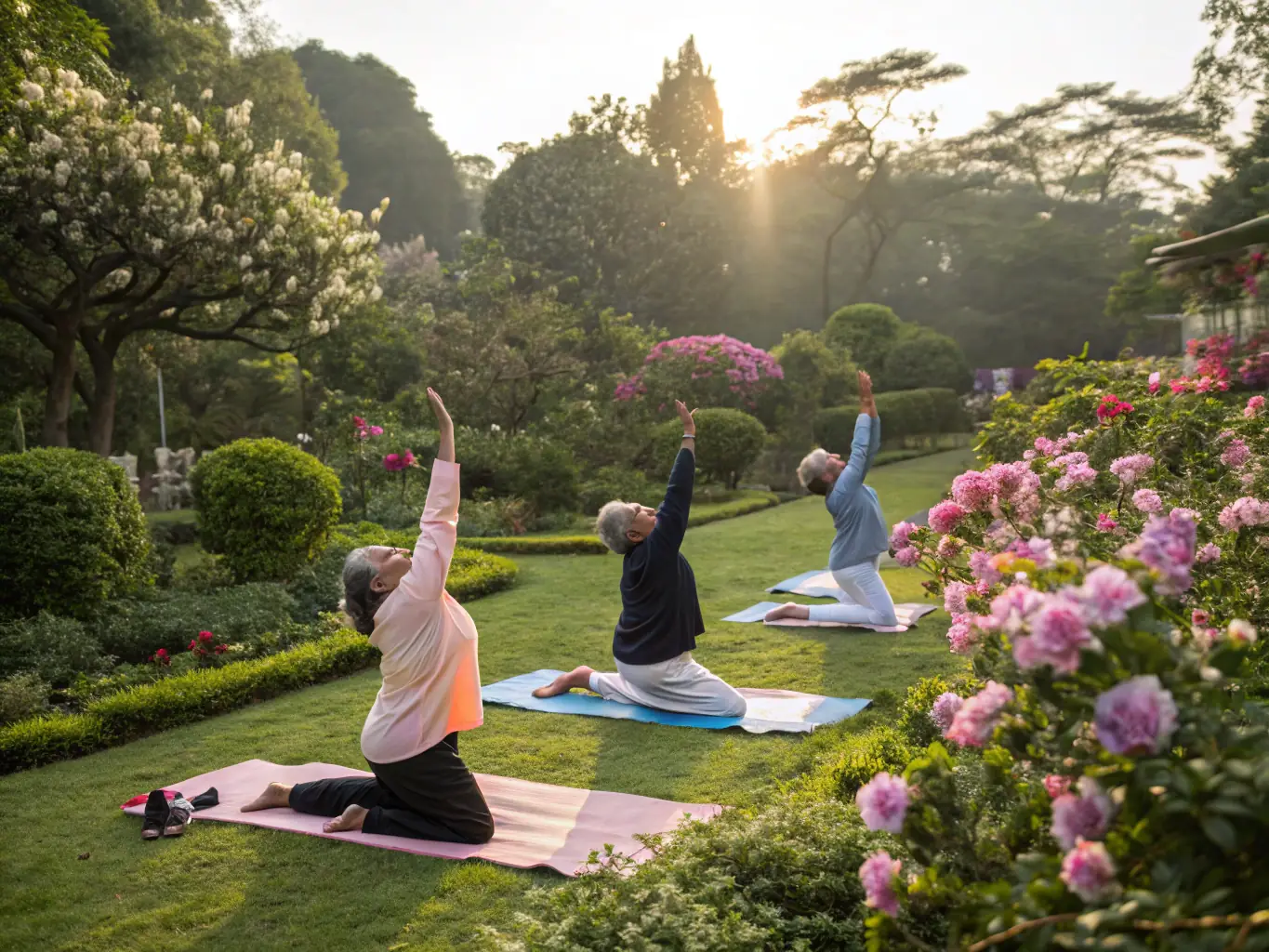 A group of seniors participating in a gentle yoga session outdoors in a park, focusing on flexibility and relaxation, with a qualified instructor guiding them.